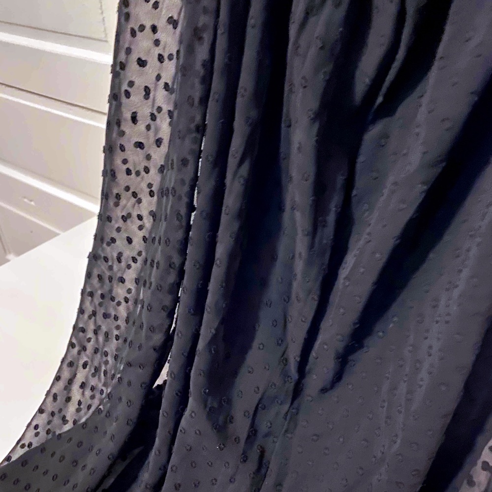 ADRIANNA PAPELL | Black mid-calf length skirt, two swishy layers with black dots